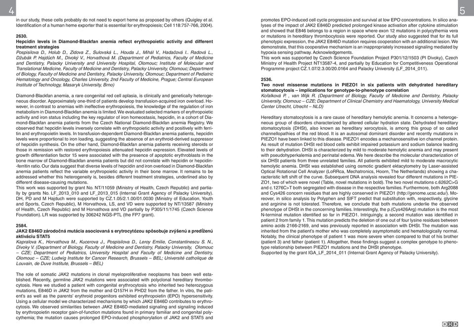 Hepcidin levels in Diamond-Blackfan anemia reflect erythropoietic activity and different treatment strategies Pospisilova D., Holub D., Zidova Z., Sulovská L., Houda J., Mihál V., Hadačová I.