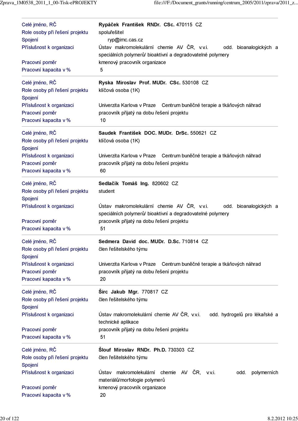 bioanalogických a speciálních polymerů/ bioaktivní a degradovatelné polymery Pracovní poměr kmenový pracovník organizace Pracovní kapacita v % 5 Celé jméno, RČ Ryska Miroslav Prof. MUDr. CSc.