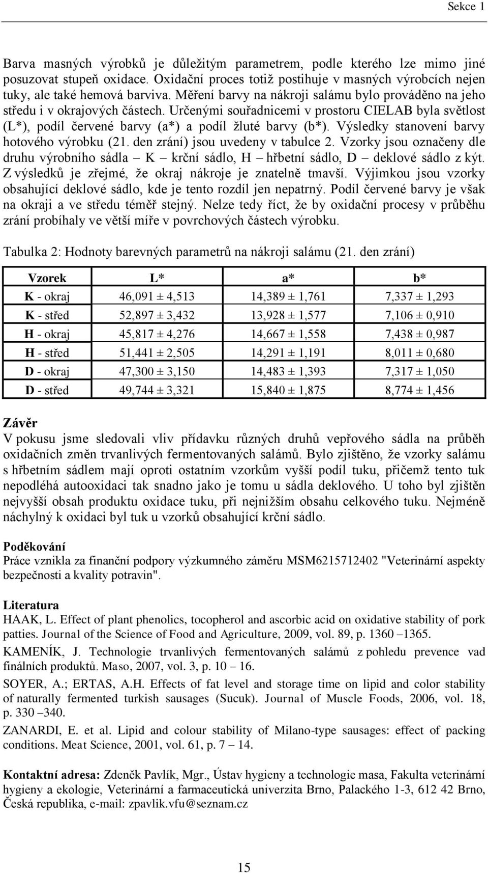 Výsledky stanovení barvy hotového výrobku (21. den zrání) jsou uvedeny v tabulce 2. Vzorky jsou označeny dle druhu výrobního sádla K krční sádlo, H hřbetní sádlo, D deklové sádlo z kýt.