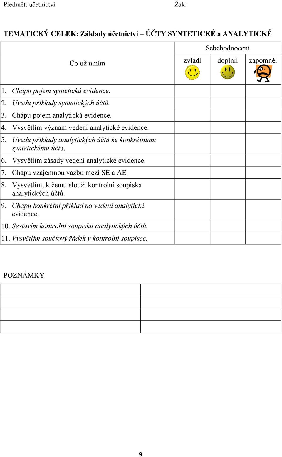 6. Vysvětlím zásady vedení analytické evidence. 7. Chápu vzájemnou vazbu mezi SE a AE. 8. Vysvětlím, k čemu slouţí kontrolní soupiska analytických účtů.