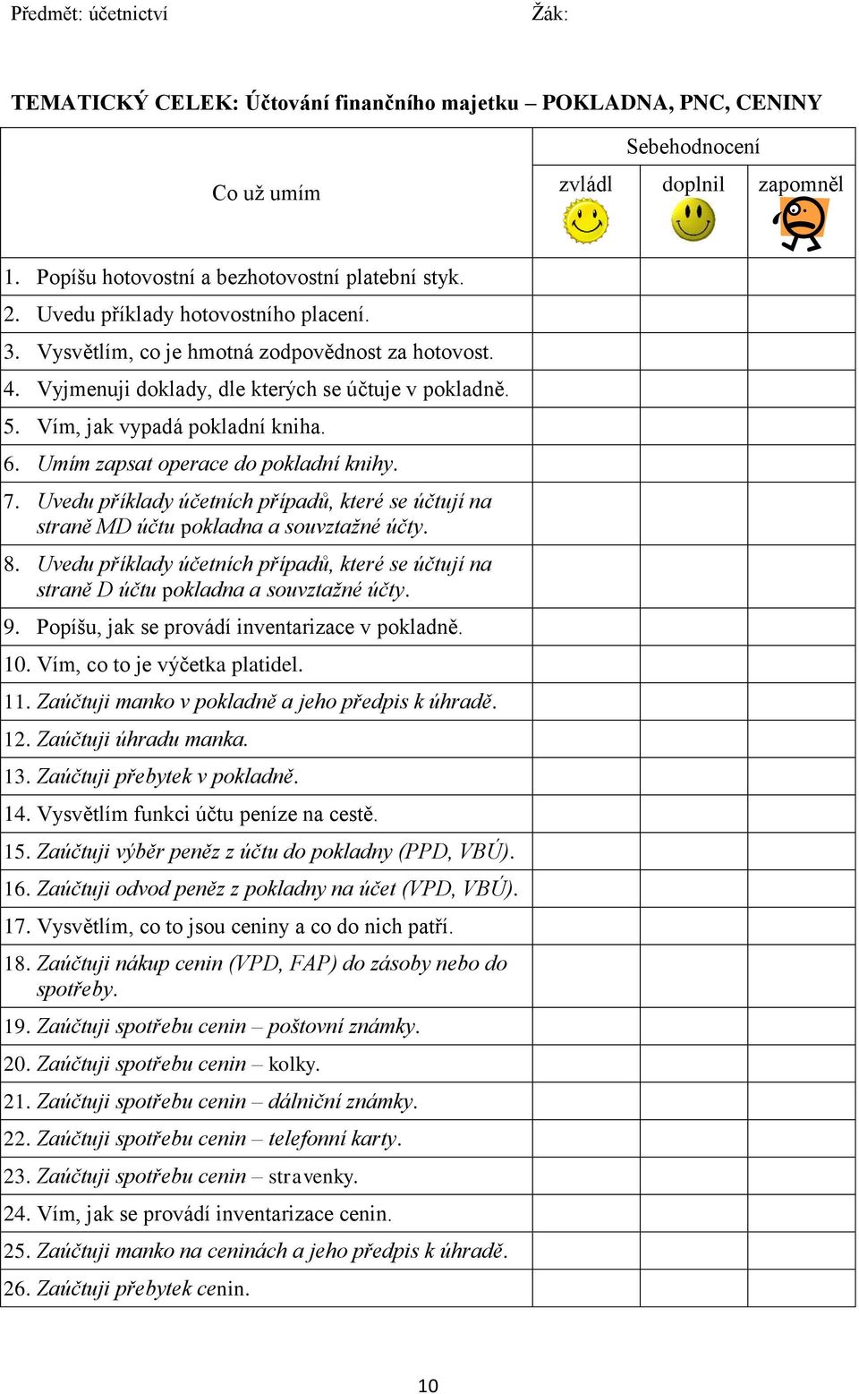 Uvedu příklady účetních případů, které se účtují na straně MD účtu pokladna a souvztažné účty. 8. Uvedu příklady účetních případů, které se účtují na straně D účtu pokladna a souvztažné účty. 9.