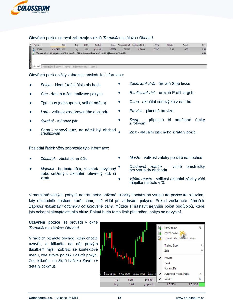 obchodu Symbol - měnový pár Cena - cenový kurz, na němž byl obchod zrealizován Zastavení ztrát - úroveň Stop lossu Realizovat zisk - úroveň Profit targetu Cena - aktuální cenový kurz na trhu Provize