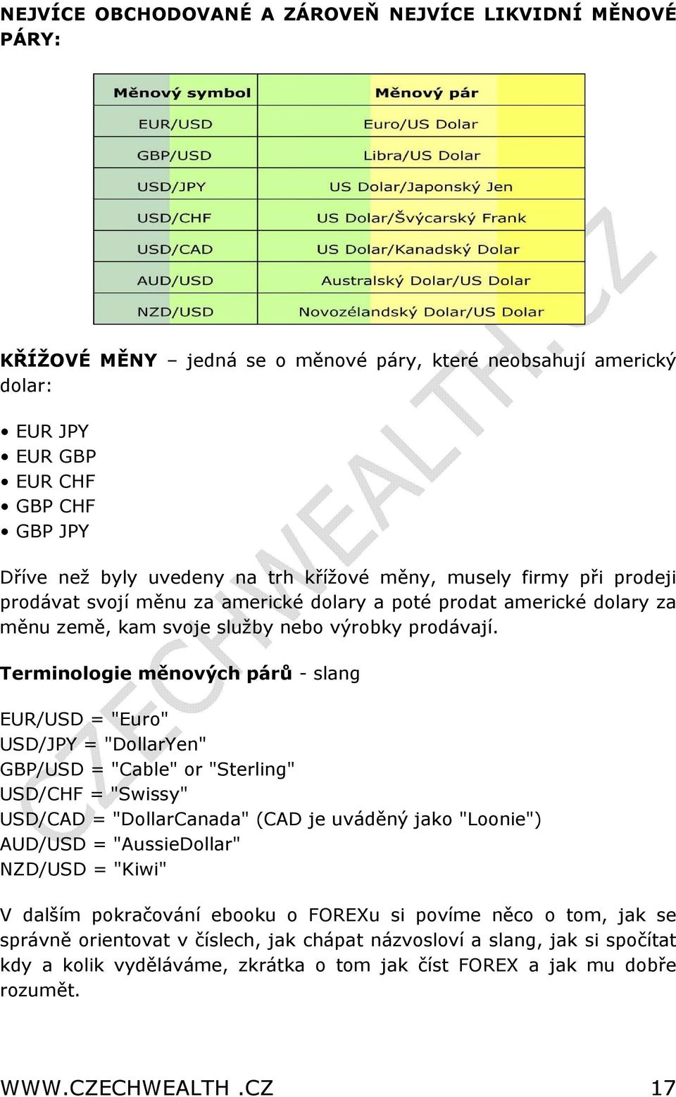 Terminologie měnových párů - slang EUR/USD = "Euro" USD/JPY = "DollarYen" GBP/USD = "Cable" or "Sterling" USD/CHF = "Swissy" USD/CAD = "DollarCanada" (CAD je uváděný jako "Loonie") AUD/USD =