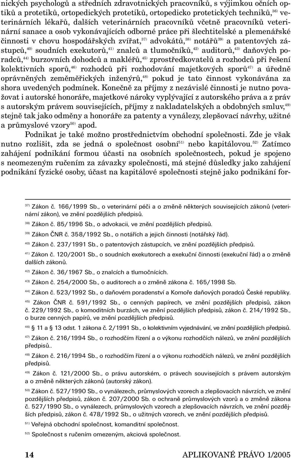 patentových zástupců, 40) soudních exekutorů, 41) znalců a tlumočníků, 42) auditorů, 43) daňových poradců, 44) burzovních dohodců a makléřů, 45) zprostředkovatelů a rozhodců při řešení kolektivních