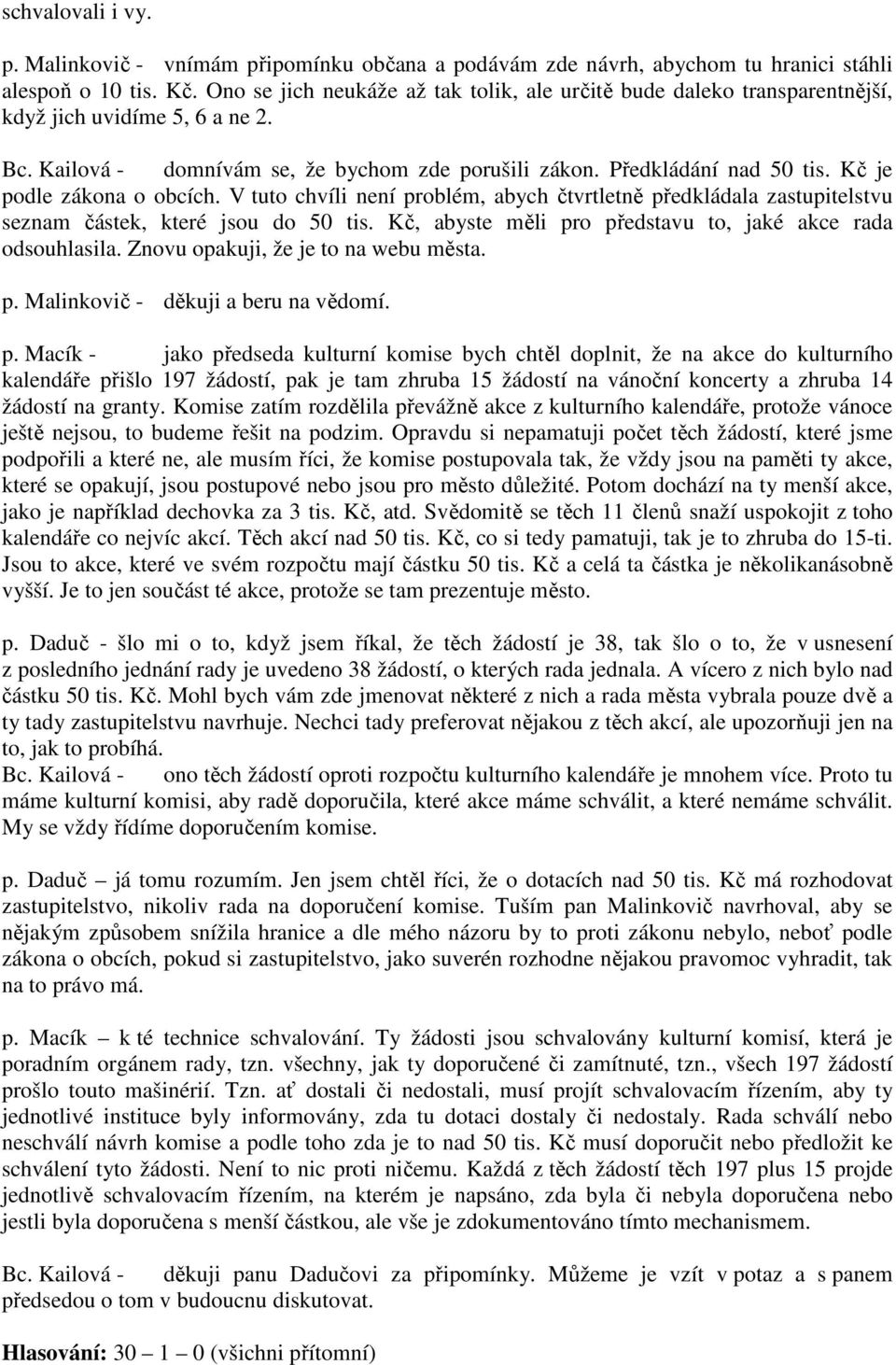 Kč je podle zákona o obcích. V tuto chvíli není problém, abych čtvrtletně předkládala zastupitelstvu seznam částek, které jsou do 50 tis. Kč, abyste měli pro představu to, jaké akce rada odsouhlasila.