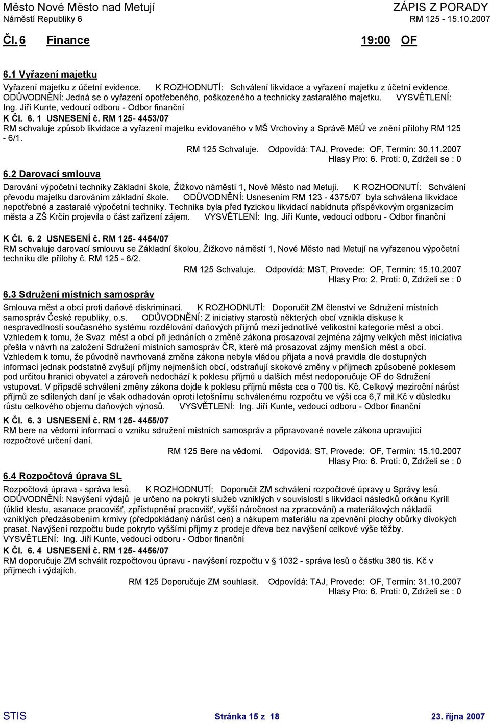 RM 125-4453/07 RM schvaluje způsob likvidace a vyřazení majetku evidovaného v MŠ Vrchoviny a Správě MěÚ ve znění přílohy RM 125-6/1. RM 125 Schvaluje. Odpovídá: TAJ, Provede: OF, Termín: 30.11.2007 6.