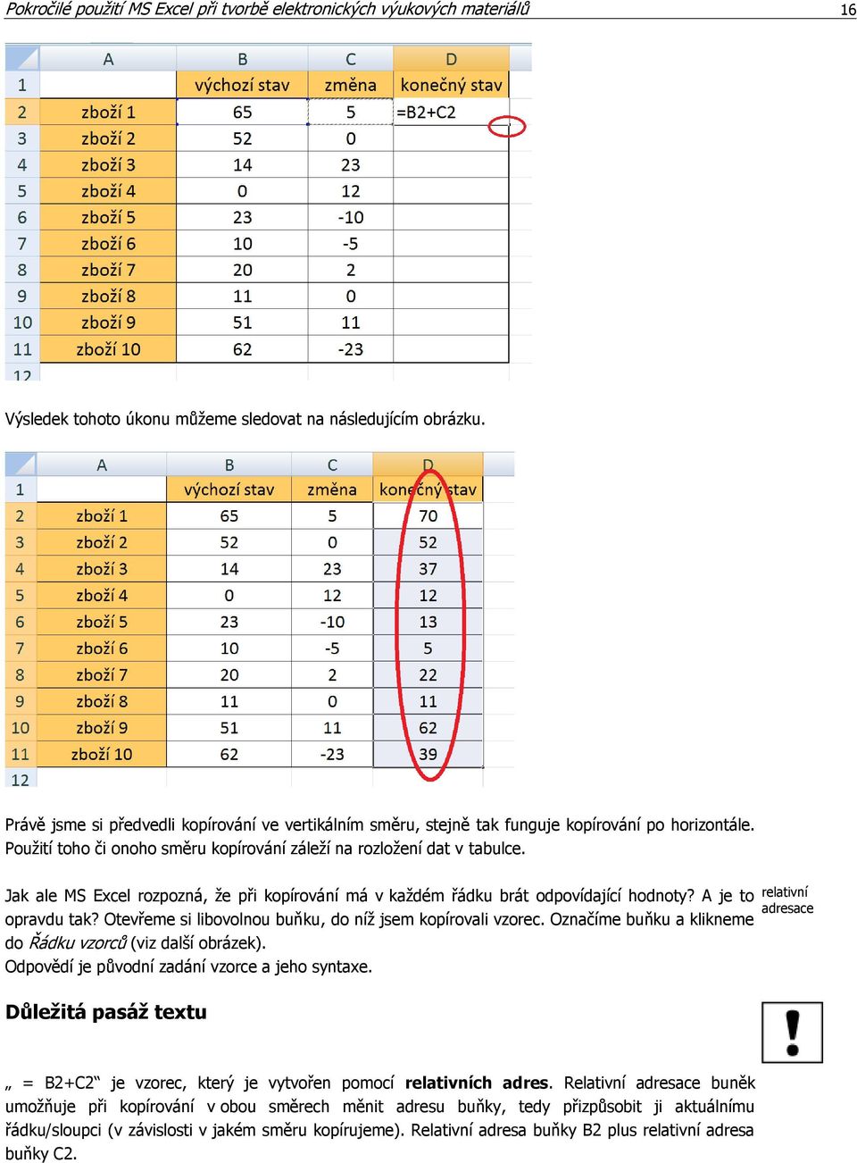 Jak ale MS Excel rozpozná, že při kopírování má v každém řádku brát odpovídající hodnoty? A je to opravdu tak? Otevřeme si libovolnou buňku, do níž jsem kopírovali vzorec.