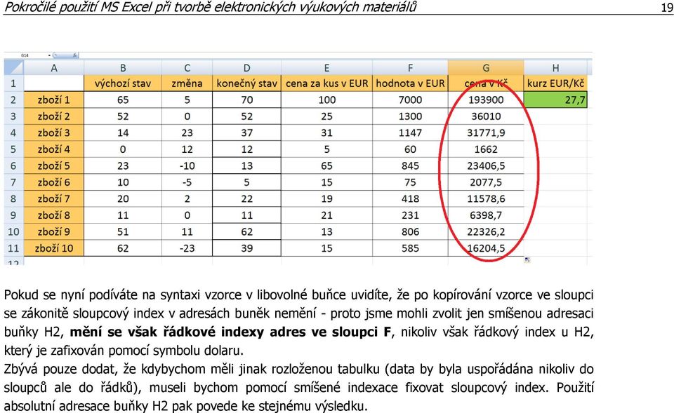 sloupci F, nikoliv však řádkový index u H2, který je zafixován pomocí symbolu dolaru.