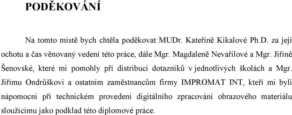 Jiřině Šenovské, které mi pomohly při distribuci dotazníků v jednotlivých školách a Mgr.