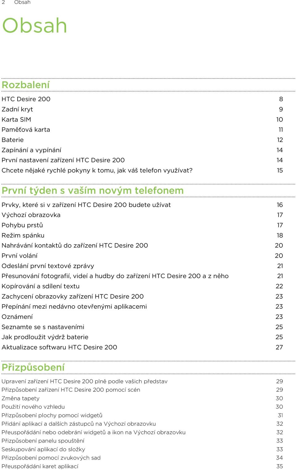 15 První týden s vaším novým telefonem Prvky, které si v zařízení HTC Desire 200 budete užívat 16 Výchozí obrazovka 17 Pohybu prstů 17 Režim spánku 18 Nahrávání kontaktů do zařízení HTC Desire 200 20