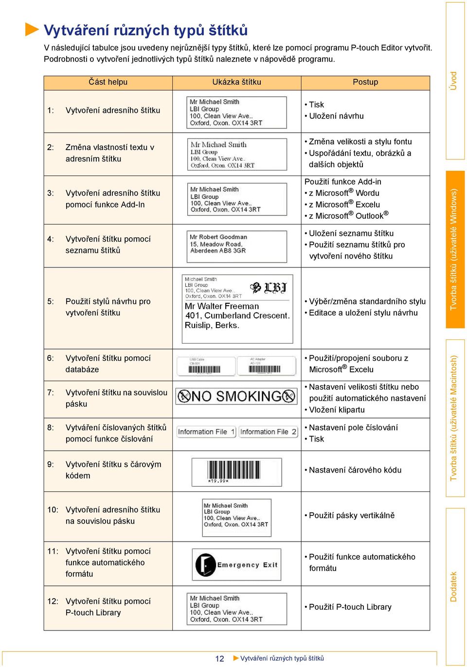 Část helpu Ukázka štítku Postup 1: Vytvoření adresního štítku Tisk Uložení návrhu 2: Změna vlastností textu v adresním štítku Změna velikosti a stylu fontu Uspořádání textu, obrázků a dalších objektů