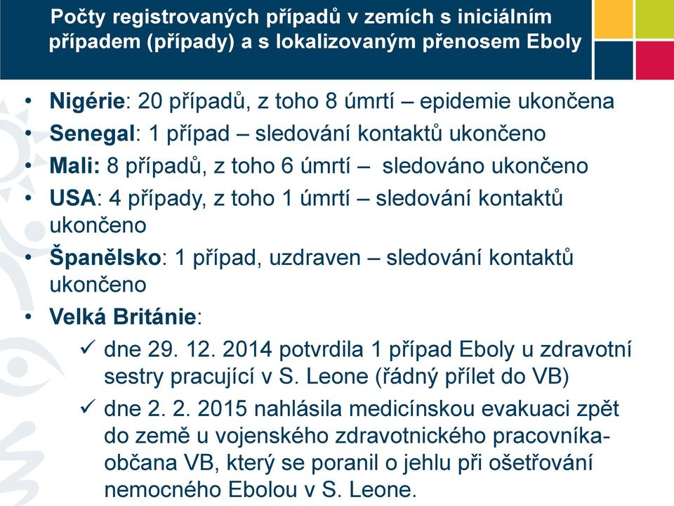 případ, uzdraven sledování kontaktů ukončeno Velká Británie: dne 29. 12. 2014 potvrdila 1 případ Eboly u zdravotní sestry pracující v S.