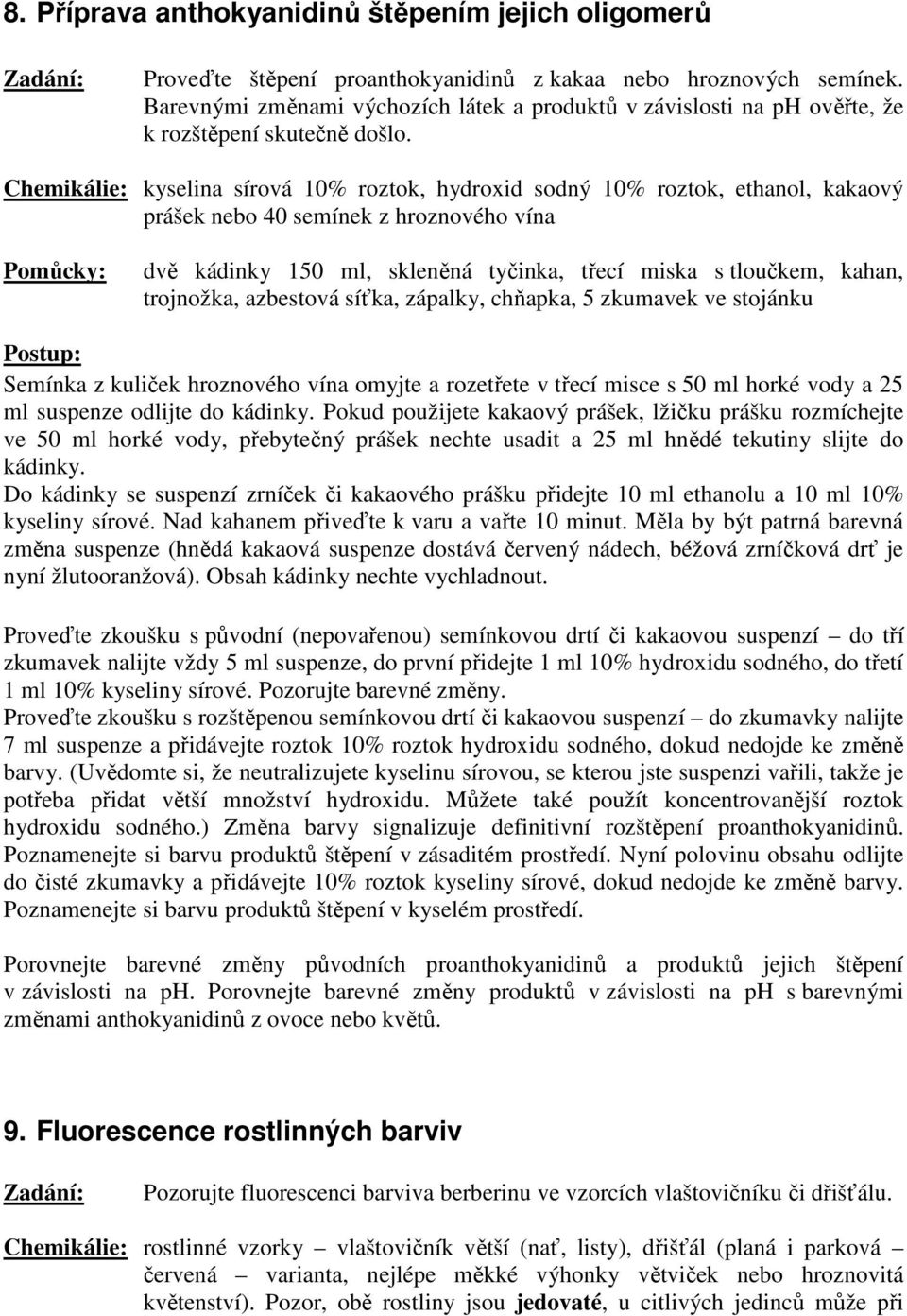 Chemikálie: kyselina sírová 10% roztok, hydroxid sodný 10% roztok, ethanol, kakaový prášek nebo 40 semínek z hroznového vína dvě kádinky 150 ml, skleněná tyčinka, třecí miska s tloučkem, kahan,