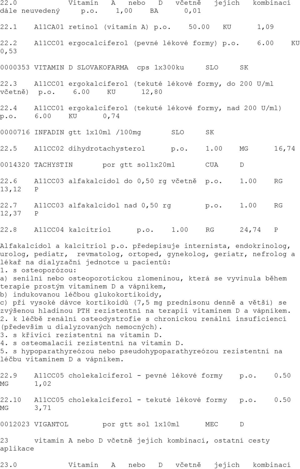 4 A11CC01 ergokalciferol (tekuté lékové formy, nad 200 U/ml) p.o. 6.00 KU 0,74 0000716 INFADIN gtt 1x10ml /100mg SLO SK 22.5 A11CC02 dihydrotachysterol p.o. 1.00 MG 16,74 0014320 TACHYSTIN por gtt sol1x20ml CUA D 22.