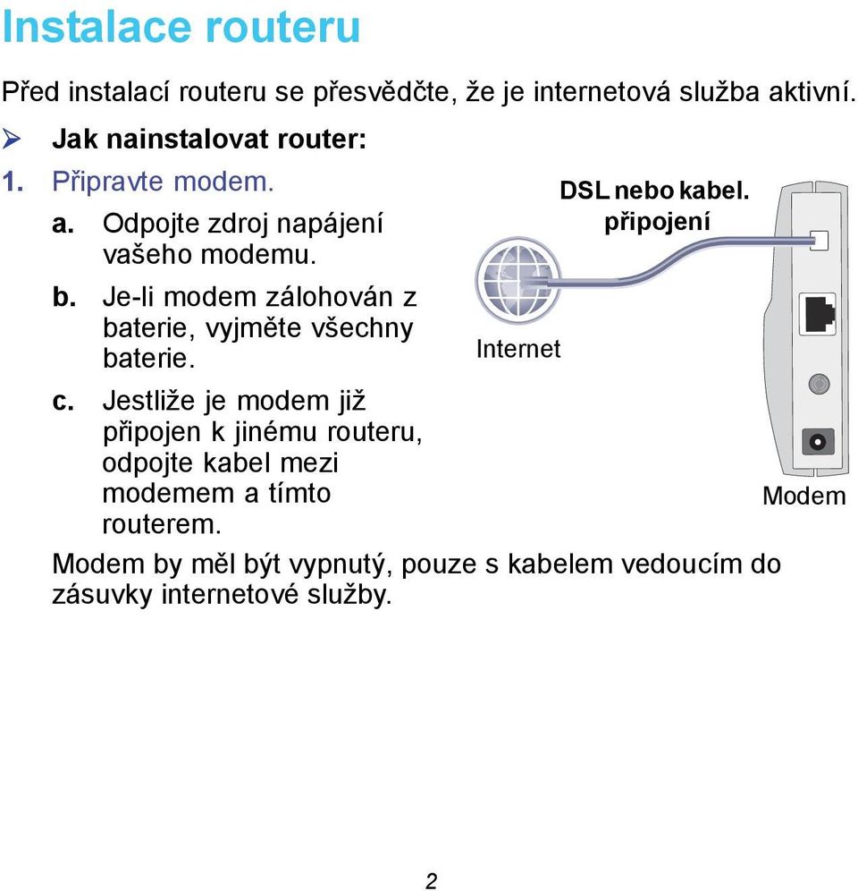 Je-li modem zálohován z baterie, vyjměte všechny baterie. Internet DSL nebo kabel. připojení c.