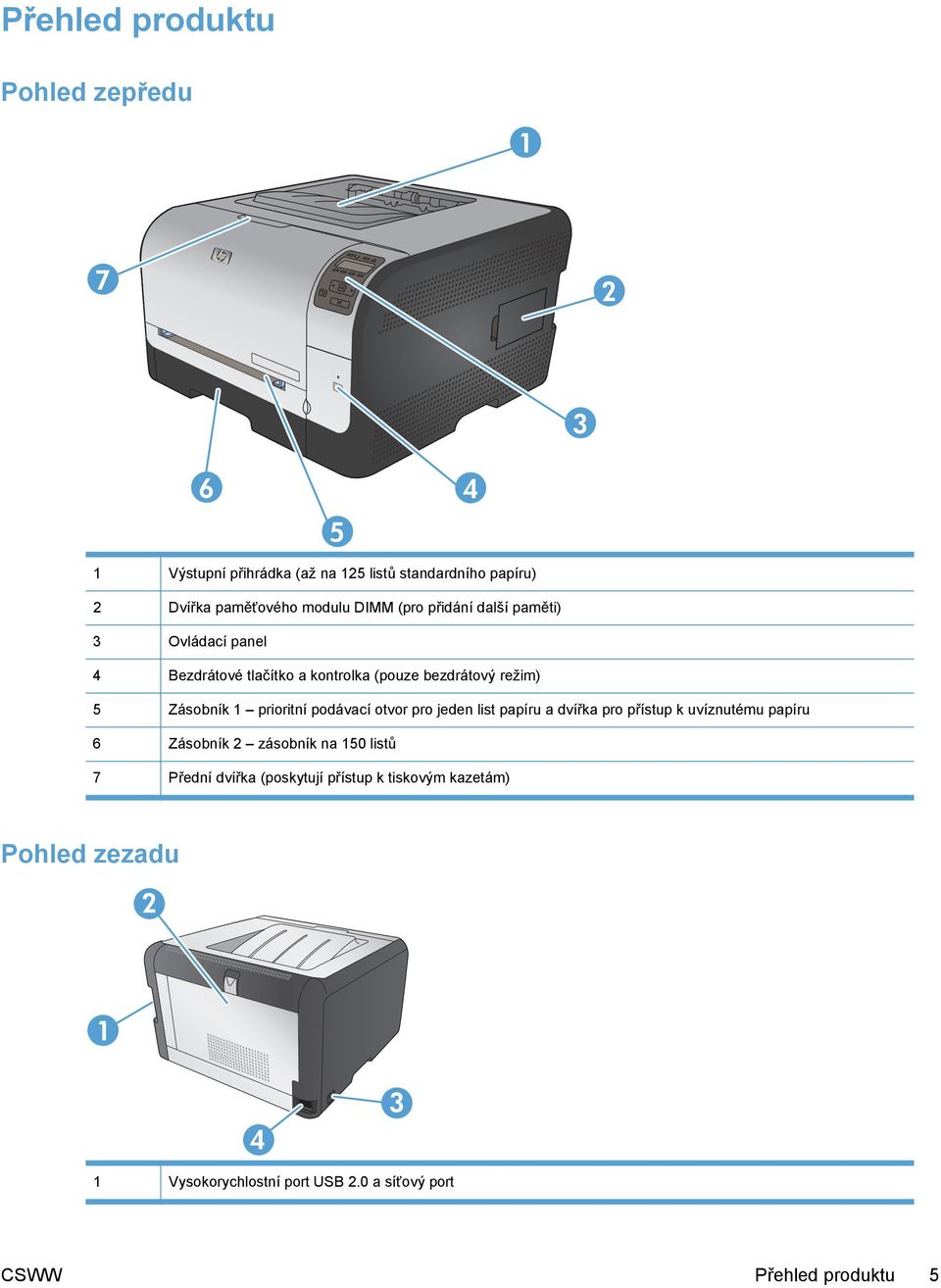 prioritní podávací otvor pro jeden list papíru a dvířka pro přístup k uvíznutému papíru 6 Zásobník 2 zásobník na 150 listů 7