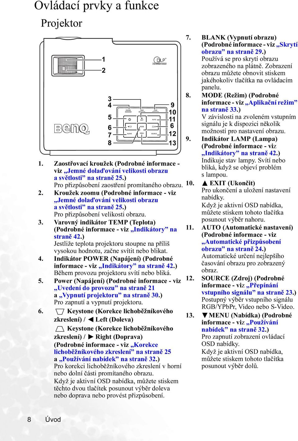 Varovný indikátor TEMP (Teplota) (Podrobné informace - viz Indikátory na straně 42.) Jestliže teplota projektoru stoupne na příliš vysokou hodnotu, začne svítit nebo blikat. 4. Indikátor POWER (Napájení) (Podrobné informace - viz Indikátory na straně 42.