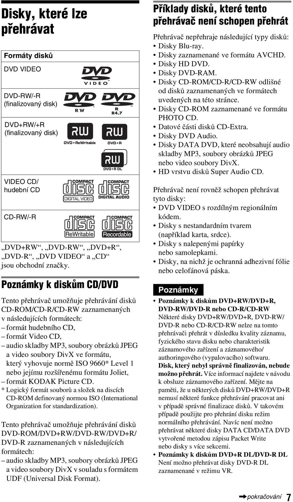 k diskům CD/DVD Tento přehrávač umožňuje přehrávání disků CD-ROM/CD-R/CD-RW zaznamenaných v následujících formátech: formát hudebního CD, formát Video CD, audio skladby MP3, soubory obrázků JPEG a