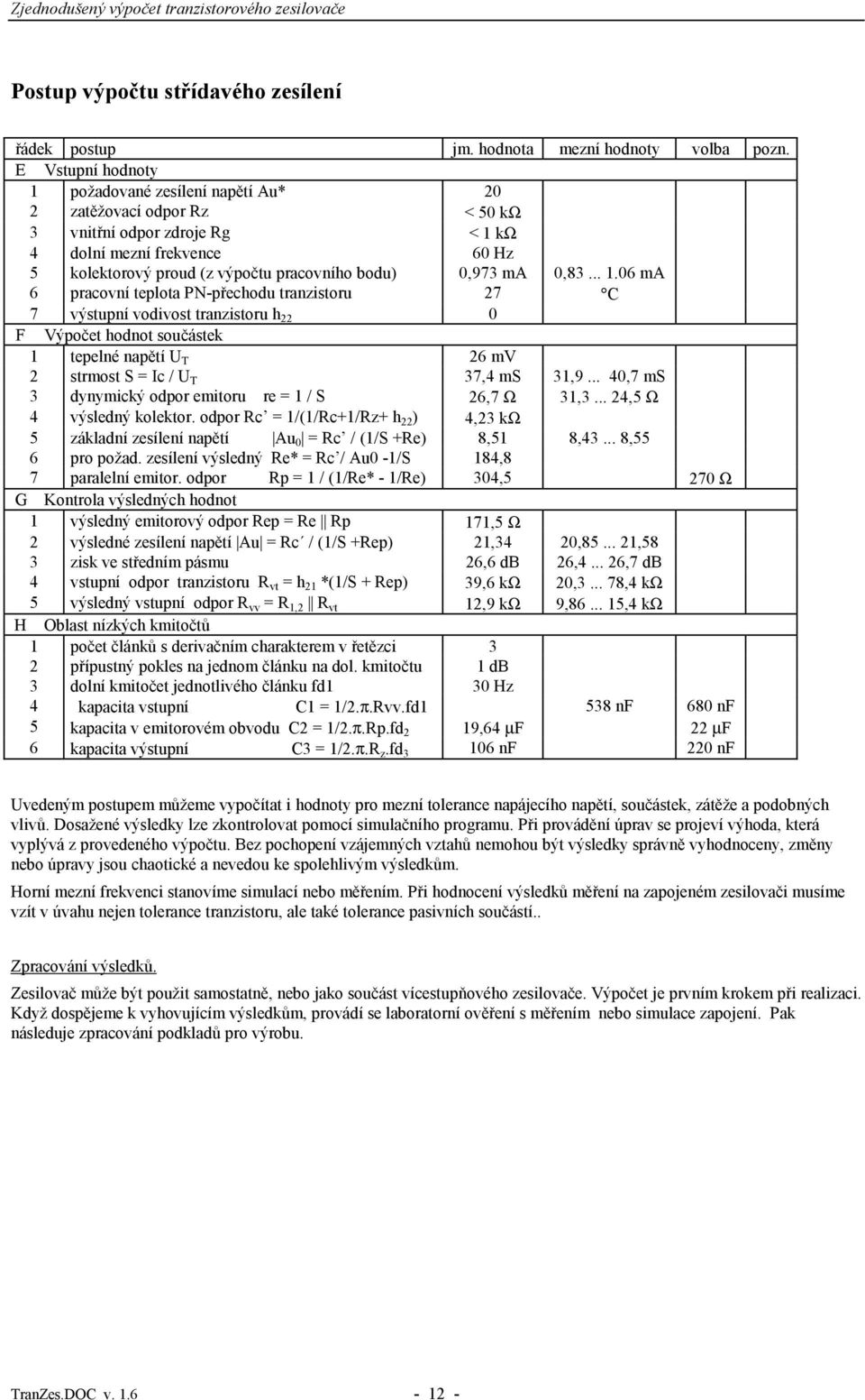 ...06 ma 6 pracovní tplota PN-přchodu tranzistoru 27 C 7 výstupní vodivost tranzistoru h 22 0 F Výpočt hodnot součástk tplné napětí U T 26 mv 2 strmost S = Ic / U T 37,4 ms 3,9.