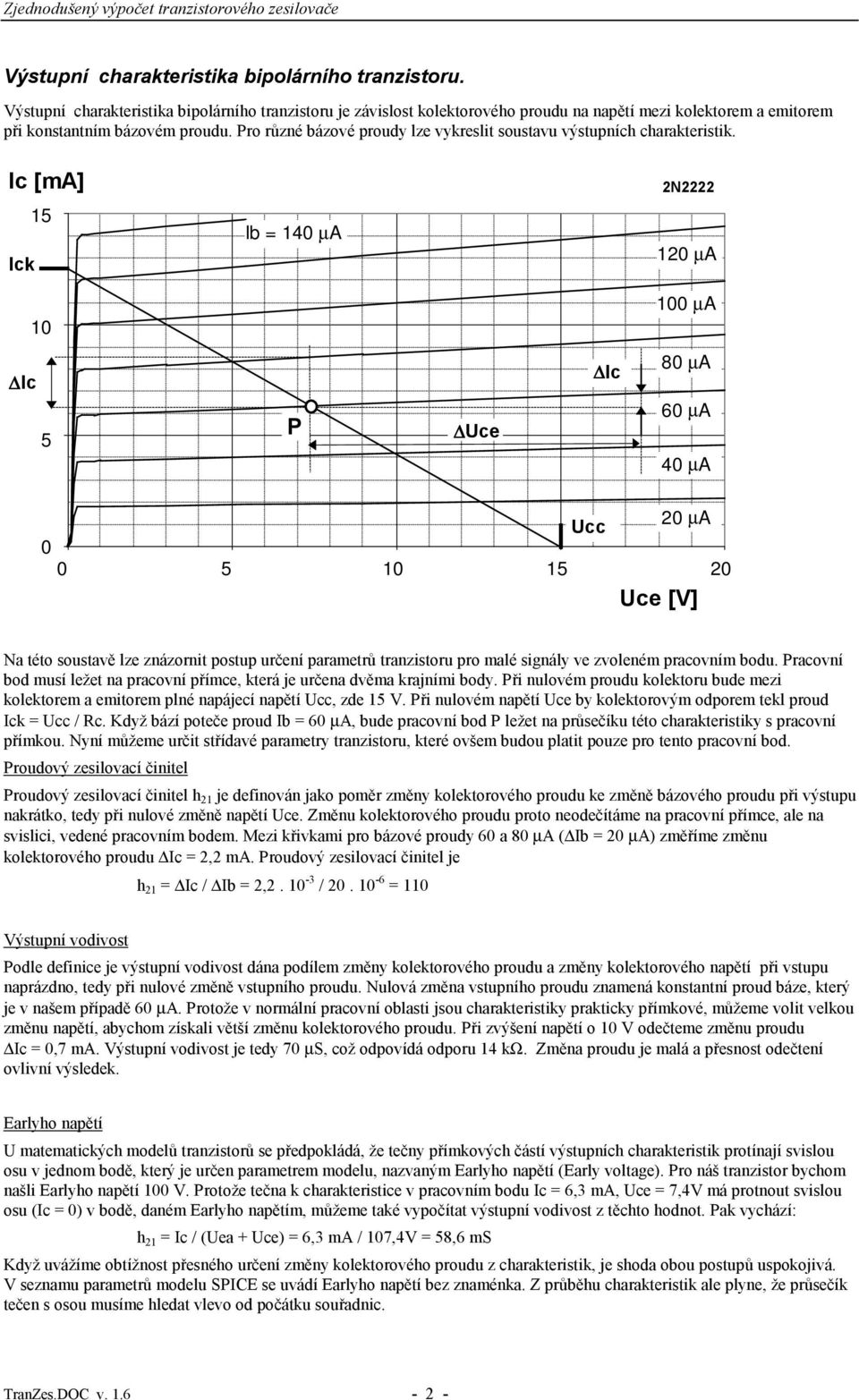 Ic [ma] 2N2222 5 Ick Ib = 40 µa 20 µa 0 00 µa Ic 5 P Uc Ic 80 µa 60 µa 40 µa 0 Ucc 20 µa 0 5 0 5 20 Uc [V] Na této soustavě lz znázornit postup urční paramtrů tranzistoru pro malé signály v zvolném