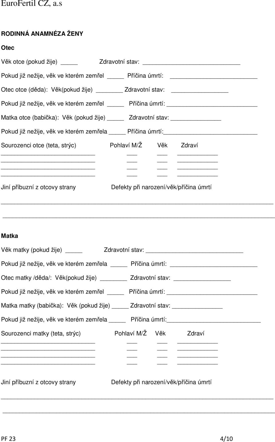 příbuzní z otcovy strany Defekty při narození/věk/příčina úmrtí Matka Věk matky (pokud žije) Zdravotní stav: Pokud již nežije, věk ve kterém zemřela Příčina úmrtí: Otec matky /děda/: Věk(pokud žije)