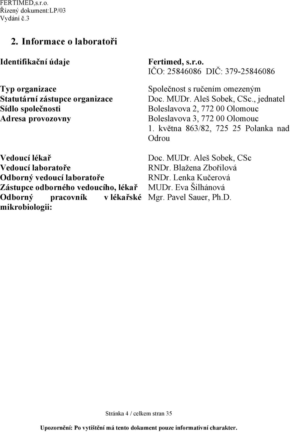 MUDr. Aleš Sobek, CSc., jednatel Boleslavova 2, 772 00 Olomouc Boleslavova 3, 772 00 Olomouc 1. května 863/82, 725 25 Polanka nad Odrou Doc. MUDr.