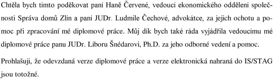 Můj dík bych také ráda vyjádřila vedoucímu mé diplomové práce panu JUDr. Liboru Šnédarovi, Ph.D. za jeho odborné vedení a pomoc.