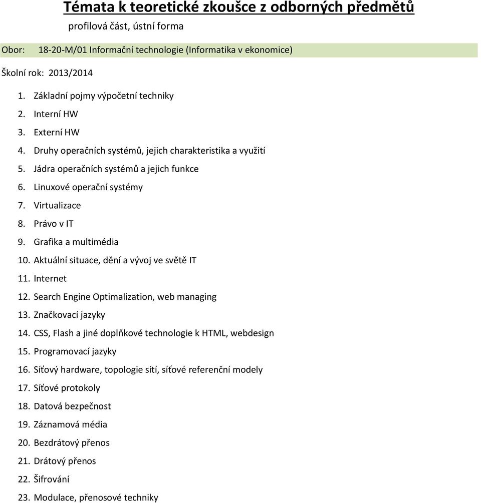 Virtualizace 8. Právo v IT 9. Grafika a multimédia 10. Aktuální situace, dění a vývoj ve světě IT 11. Internet 12. Search Engine Optimalization, web managing 13. Značkovací jazyky 14.