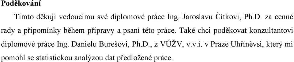 Také chci poděkovat konzultantovi diplomové práce Ing. Danielu Burešovi, Ph.D., z VÚŽV, v.