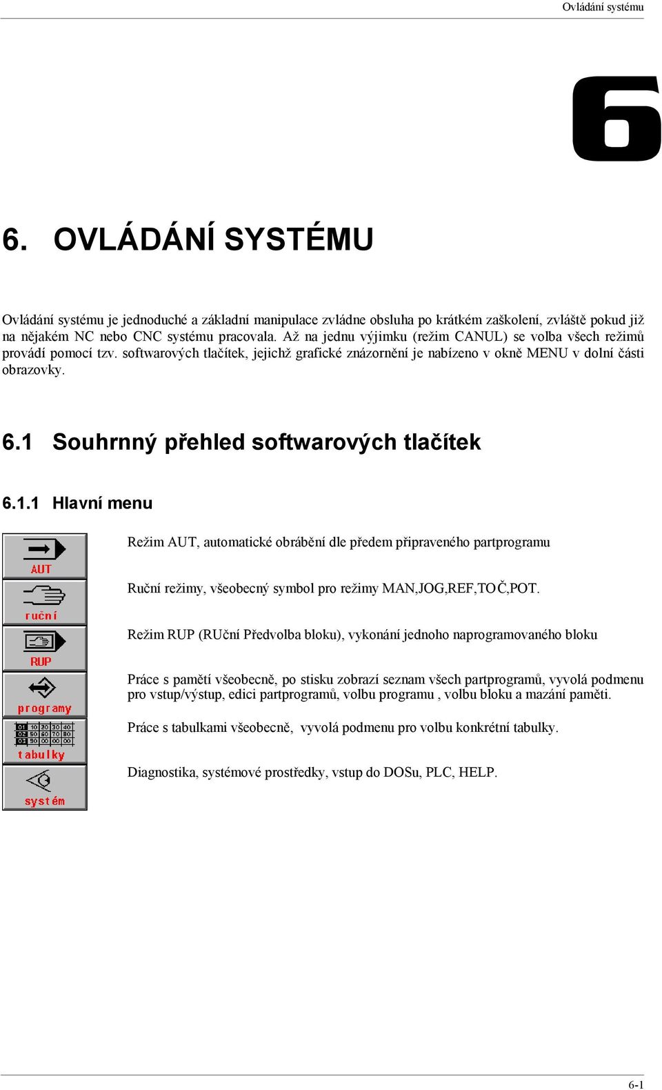 1 Souhrnný přehled softwarových tlačítek 6.1.1 Hlavní menu Režim AUT, automatické obrábění dle předem připraveného partprogramu Ruční režimy, všeobecný symbol pro režimy MAN,JOG,REF,TOČ,POT.