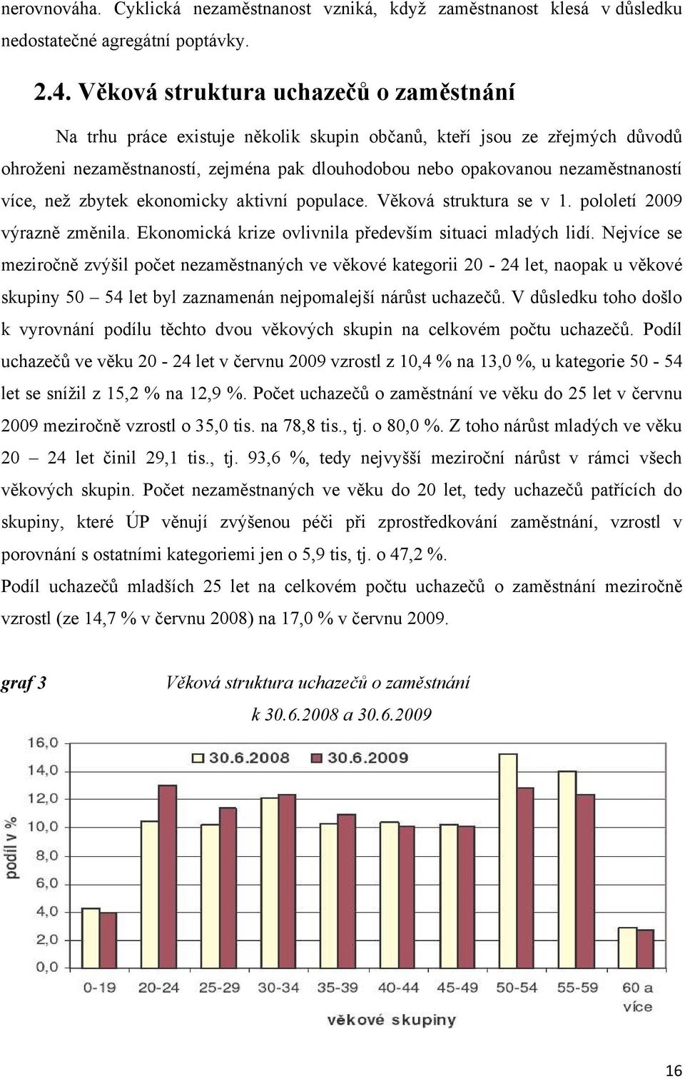 více, neţ zbytek ekonomicky aktivní populace. Věková struktura se v 1. pololetí 2009 výrazně změnila. Ekonomická krize ovlivnila především situaci mladých lidí.