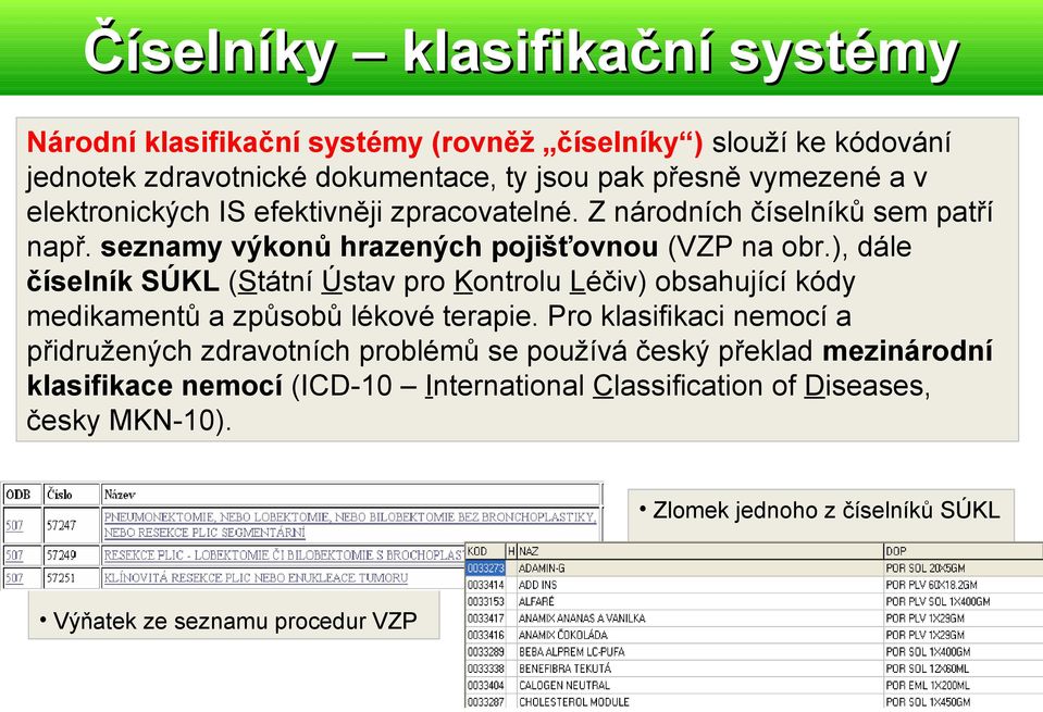 ), dále číselník SÚKL (Státní Ústav pro Kontrolu Léčiv) obsahující kódy medikamentů a způsobů lékové terapie.