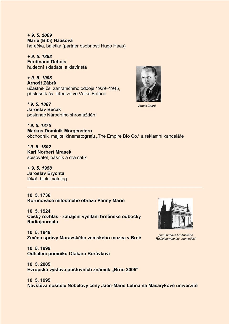 a reklamní kanceláře * 9. 5. 1892 Karl Norbert Mrasek spisovatel, básník a dramatik + 9. 5. 1958 Jaroslav Brychta lékař; bioklimatolog 10. 5. 1736 Korunovace milostného obrazu Panny Marie 10. 5. 1924 Český rozhlas - zahájení vysílání brněnské odbočky Radiojournalu 10.