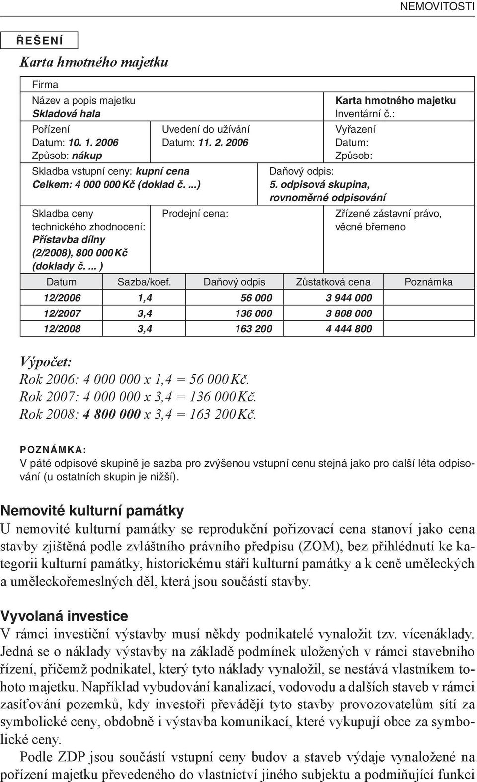 : Vyřazení Datum: Způsob: Daňový odpis: 5. odpisová skupina, rovnoměrné odpisování Zřízené zástavní právo, věcné břemeno Datum Sazba/koef.