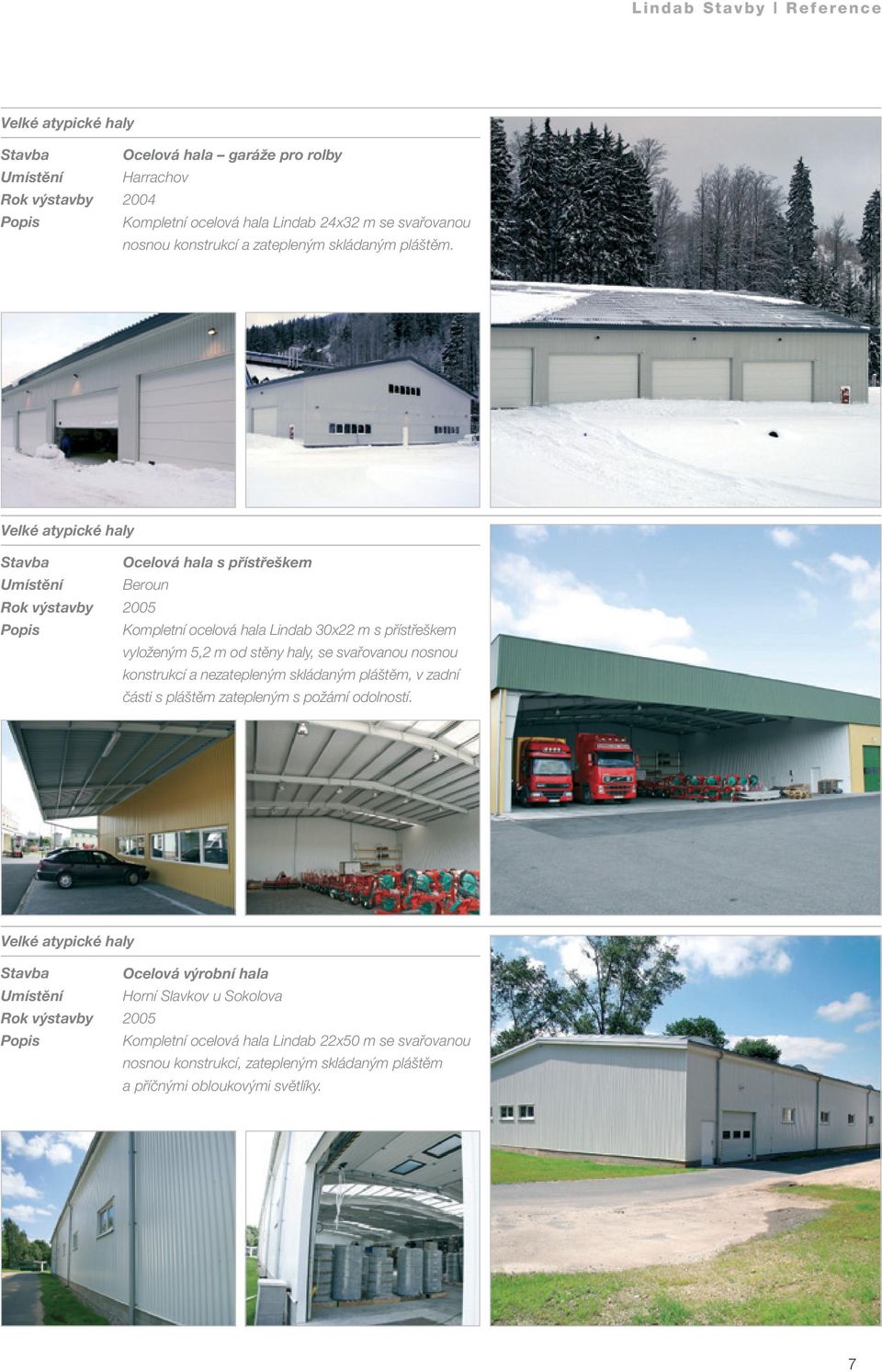 Velké atypické haly Ocelová hala s přístřeškem Beroun 2005 Kompletní ocelová hala Lindab 30x22 m s přístřeškem vyloženým 5,2 m od stěny haly, se svařovanou nosnou