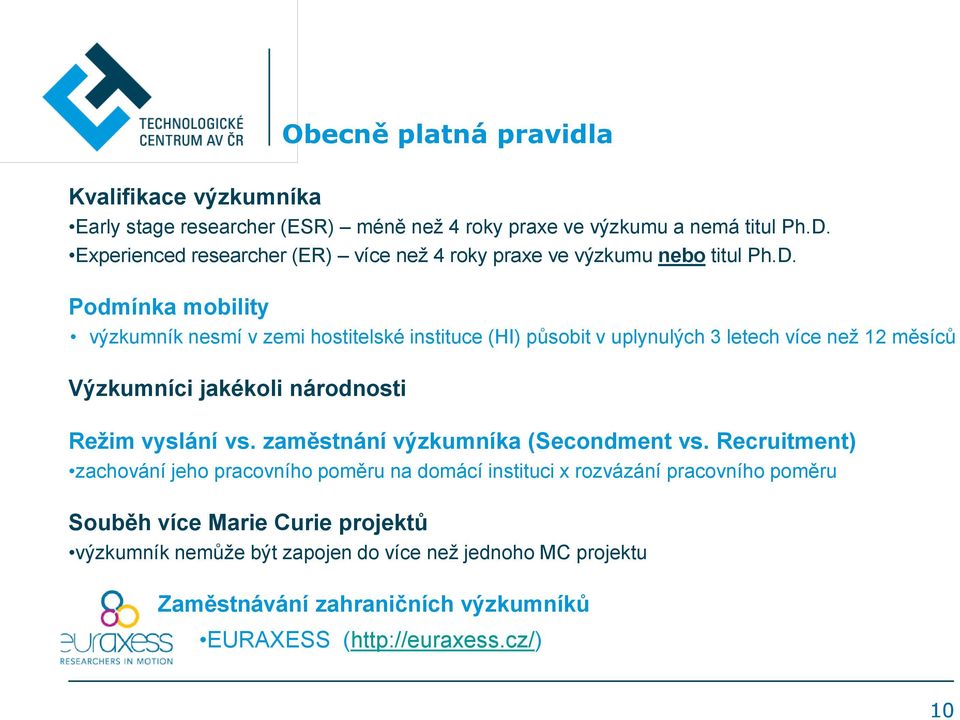 Podmínka mobility výzkumník nesmí v zemi hostitelské instituce (HI) působit v uplynulých 3 letech více než 12 měsíců Výzkumníci jakékoli národnosti Režim vyslání vs.