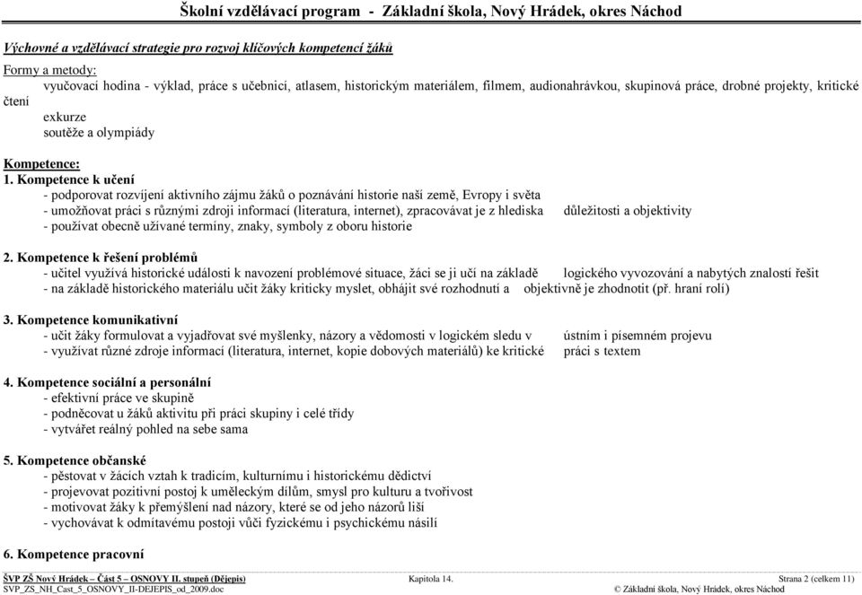 Kompetence k učení - podporovat rozvíjení aktivního zájmu žáků o poznávání historie naší země, Evropy i světa - umožňovat práci s různými zdroji informací (literatura, internet), zpracovávat je z