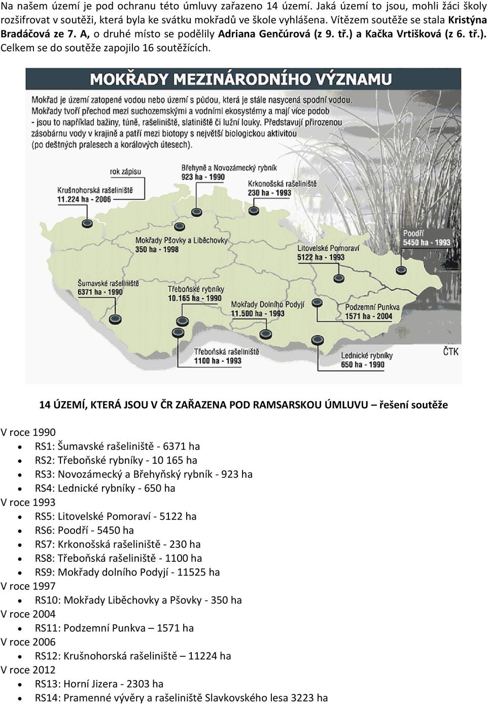 14 ÚZEMÍ, KTERÁ JSOU V ČR ZAŘAZENA POD RAMSARSKOU ÚMLUVU řešení soutěže V roce 1990 RS1: Šumavské rašeliniště - 6371 ha RS2: Třeboňské rybníky - 10 165 ha RS3: Novozámecký a Břehyňský rybník - 923 ha