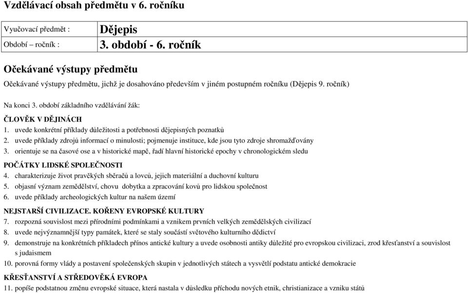 období základního vzdělávání žák: ČLOVĚK V DĚJINÁCH 1. uvede konkrétní příklady důležitosti a potřebnosti dějepisných poznatků 2.