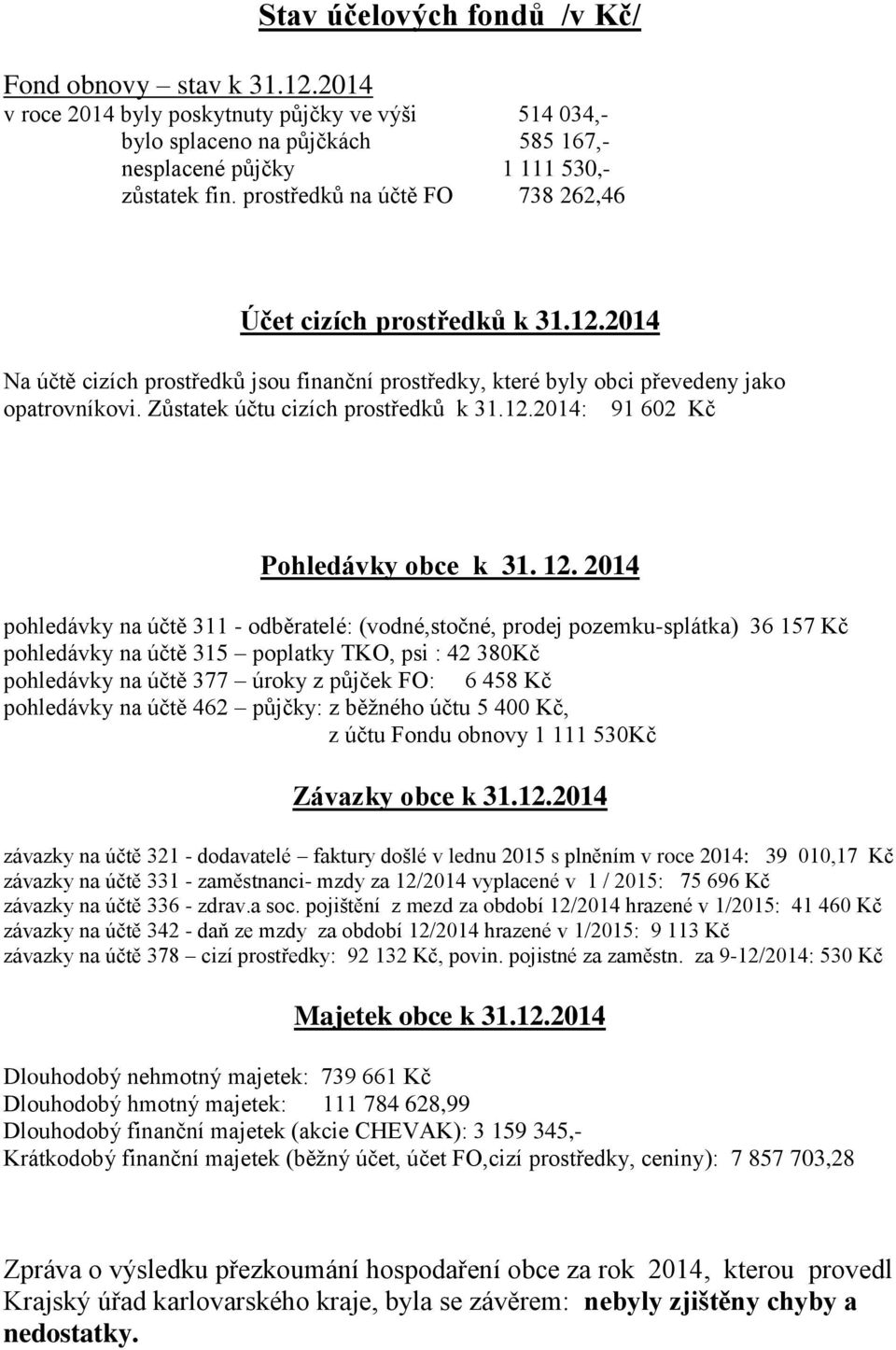 Zůstatek účtu cizích prostředků k 31.12.2014: 91 602 Kč Pohledávky obce k 31. 12.