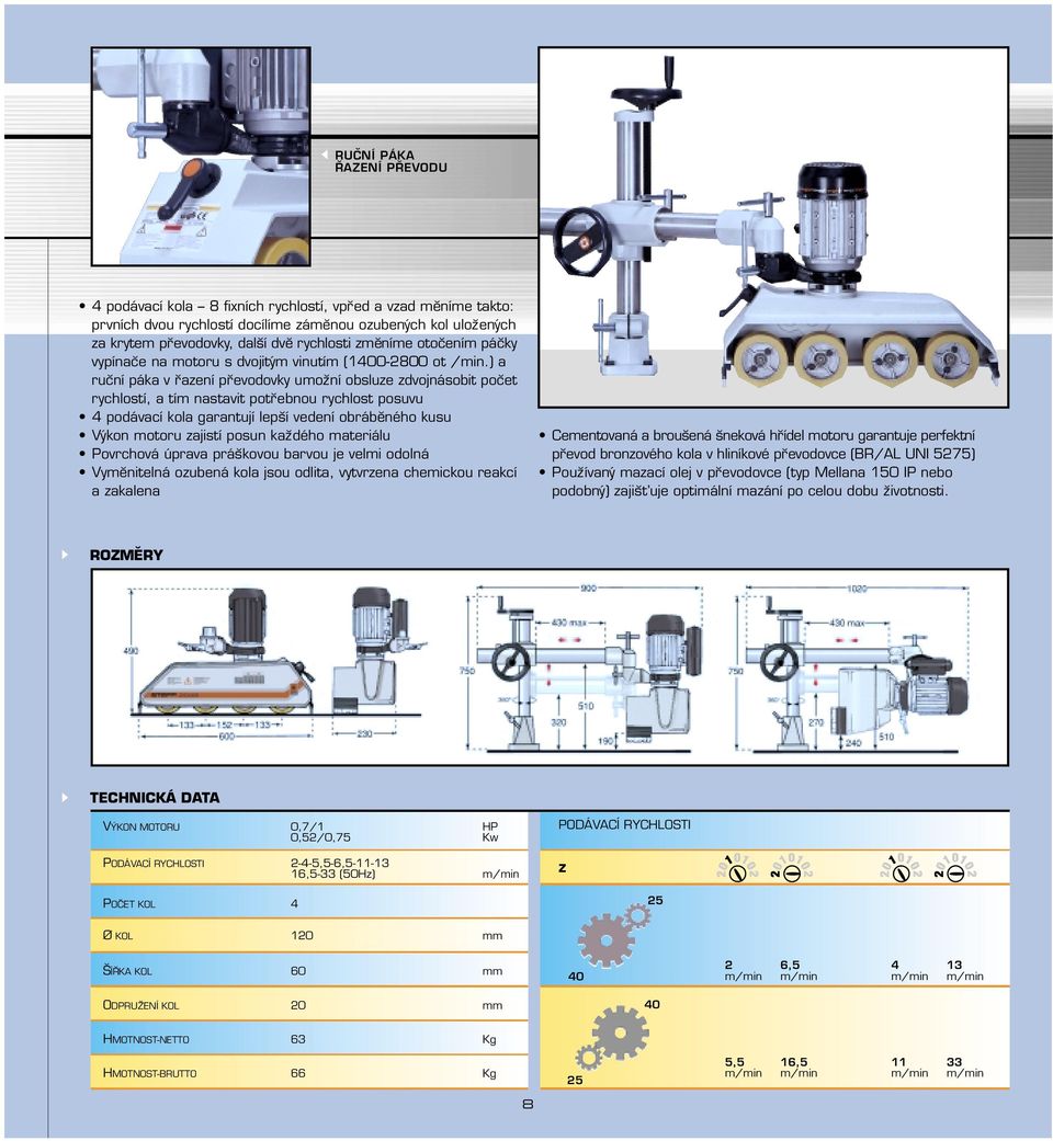 ) a ruc ní páka v r azení pr evodovky umoz ní obsluze zdvojnásobit poc et rychlostí, a tím nastavit potr ebnou rychlost posuvu 4 podávací kola garantují leps í vedení obrábĕného kusu Výkon motoru
