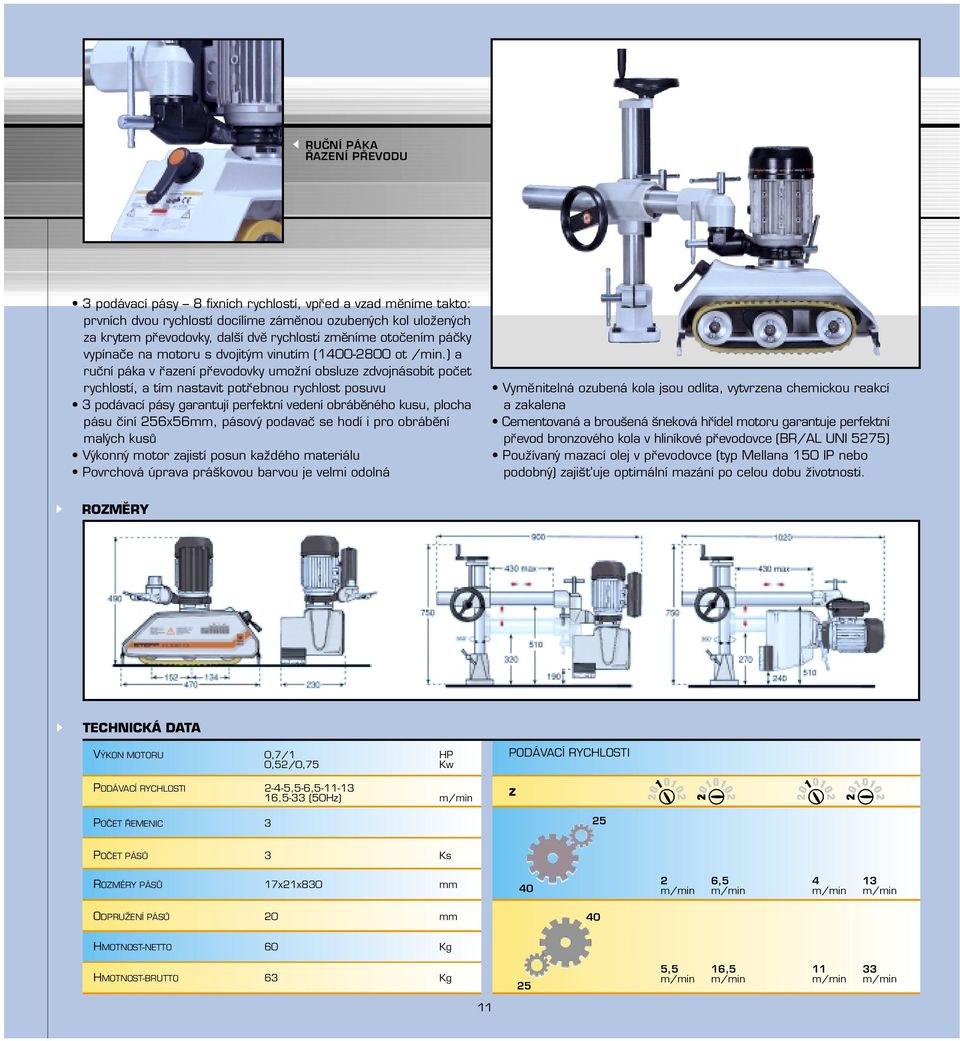) a ruc ní páka v r azení pr evodovky umoz ní obsluze zdvojnásobit poc et rychlostí, a tím nastavit potr ebnou rychlost posuvu 3 podávací pásy garantují perfektní vedení obrábĕného kusu, plocha pásu