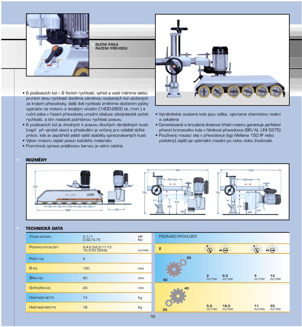 ) a ruc ní páka v r azení pr evodovky umoz ní obsluze zdvojnásobit poc et rychlostí, a tím nastavit potr ebnou rychlost posuvu 6 podávacích kol je vhodných k posuvu dlouhých obrábĕných kusu (napr.