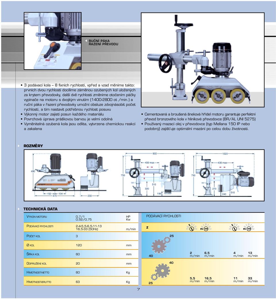 ) a ruc ní páka v r azení pr evodovky umoz ní obsluze zdvojnásobit poc et rychlostí, a tím nastavit potr ebnou rychlost posuvu Výkonný motor zajistí posun kaz dého materiálu Povrchová úprava prás