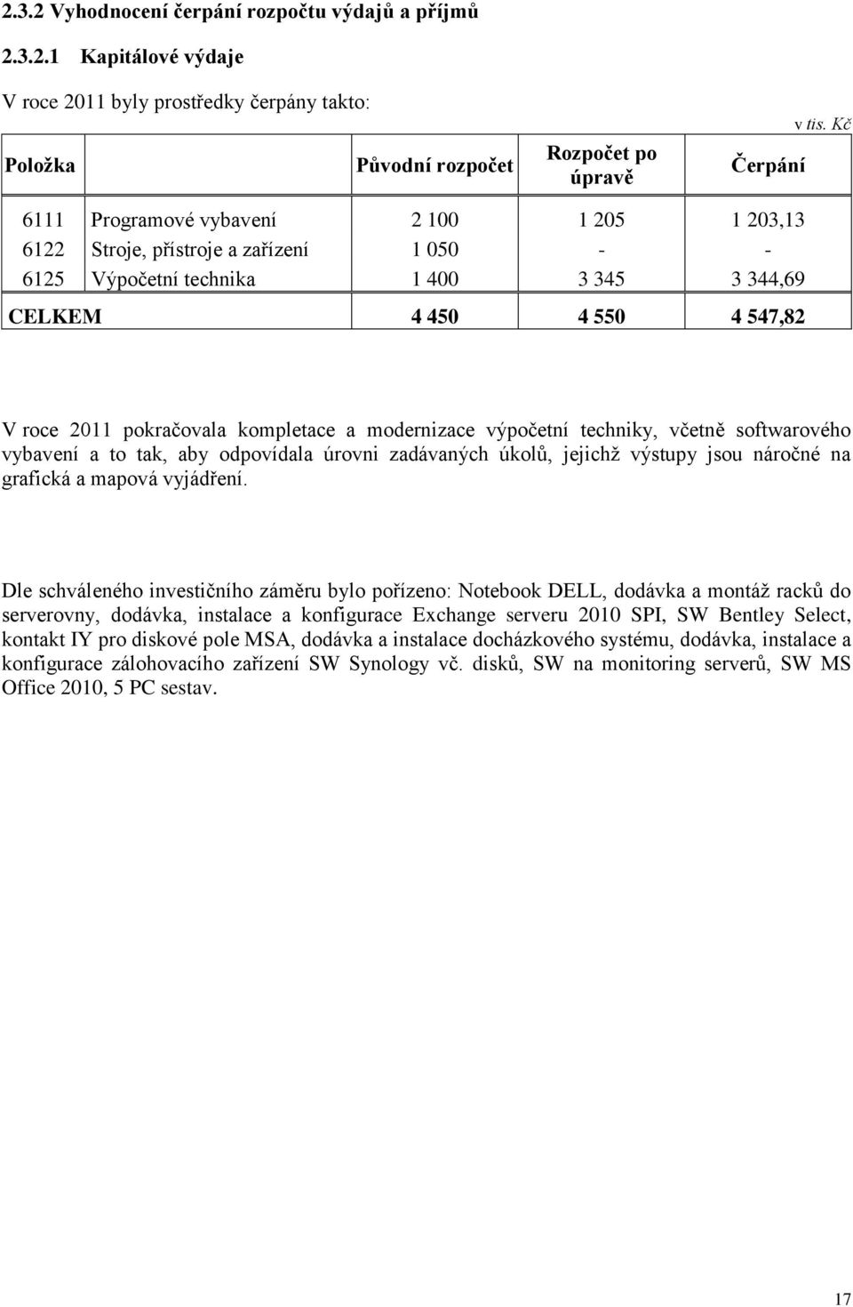 kompletace a modernizace výpočetní techniky, včetně softwarového vybavení a to tak, aby odpovídala úrovni zadávaných úkolů, jejichž výstupy jsou náročné na grafická a mapová vyjádření.