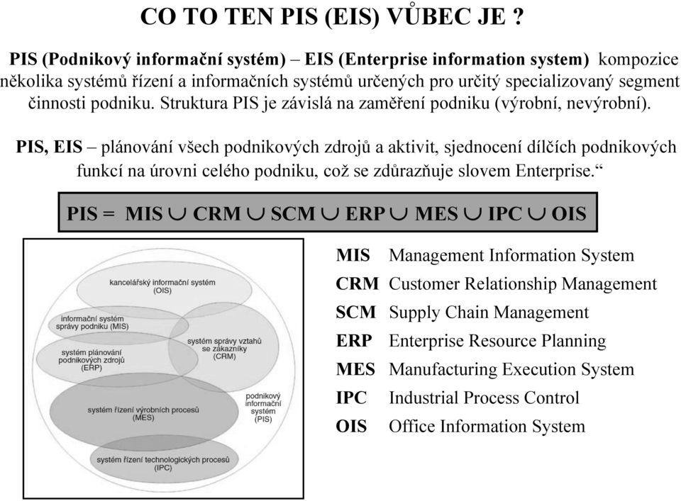 činnosti podniku. Struktura PIS je závislá na zaměření podniku (výrobní, nevýrobní).