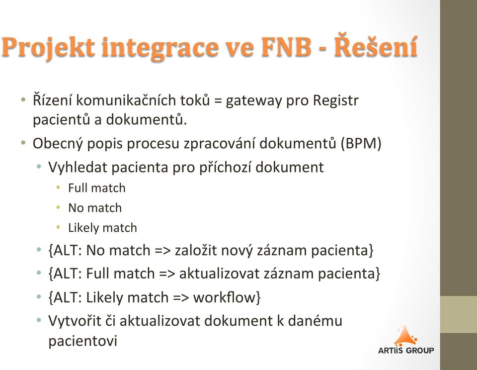 Obecný popis procesu zpracování dokumentů (BPM) Vyhledat pacienta pro příchozí dokument Full match No