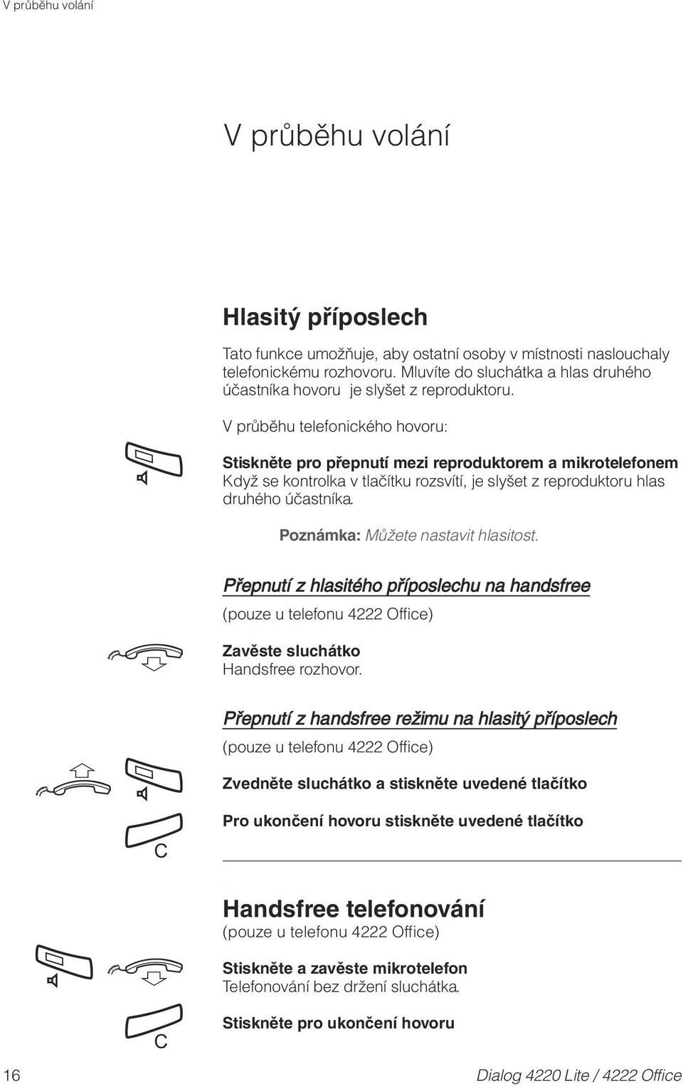 Â V průběhu telefonického hovoru: pro přepnut mezi reproduktorem a mikrotelefonem Když se kontrolka v tlačtku rozsvt, je slyšet z reproduktoru hlas druhého účastnka.