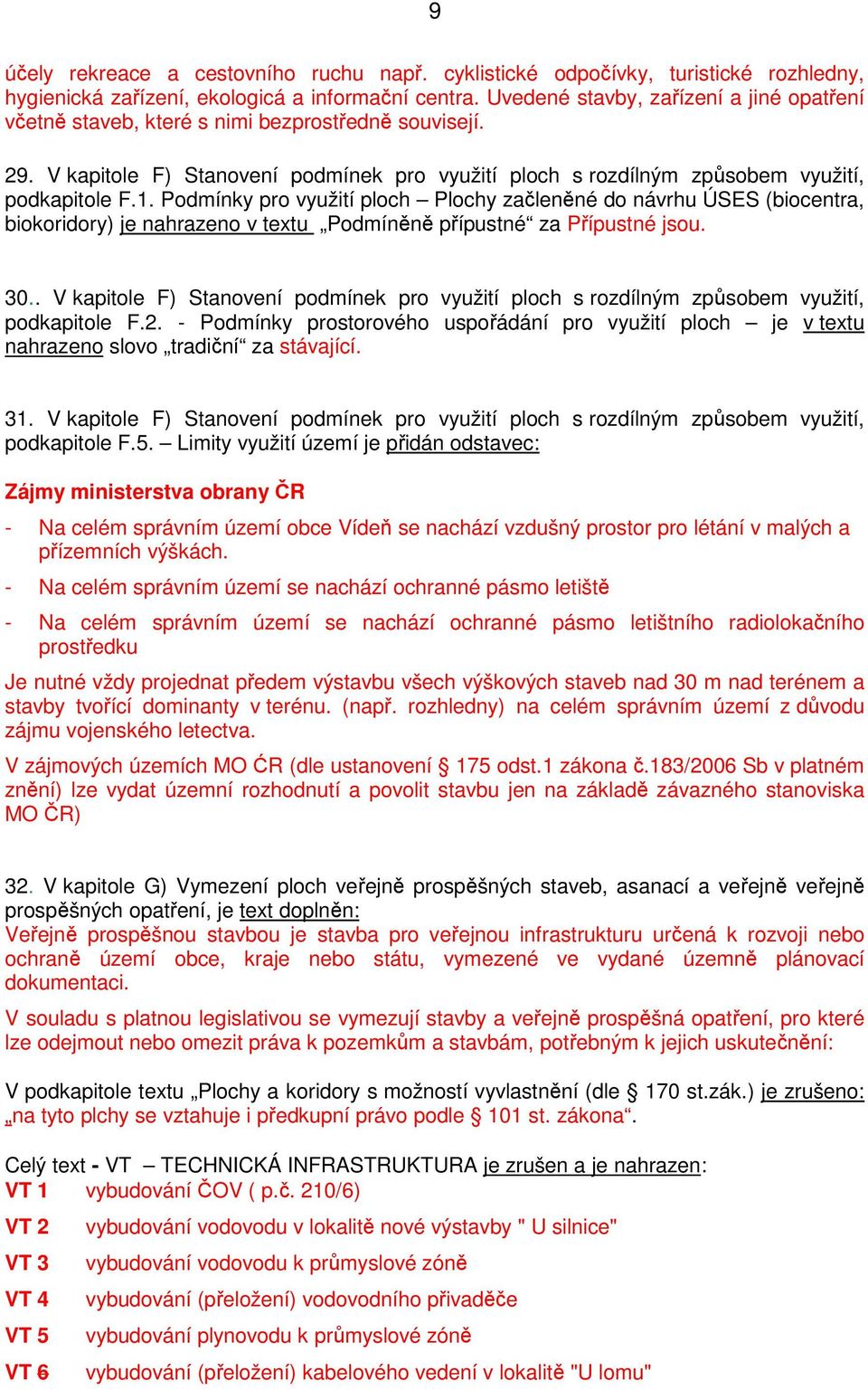 Podmínky pro využití ploch Plochy začleněné do návrhu ÚSES (biocentra, biokoridory) je nahrazeno v textu Podmíněně přípustné za Přípustné jsou. 30.