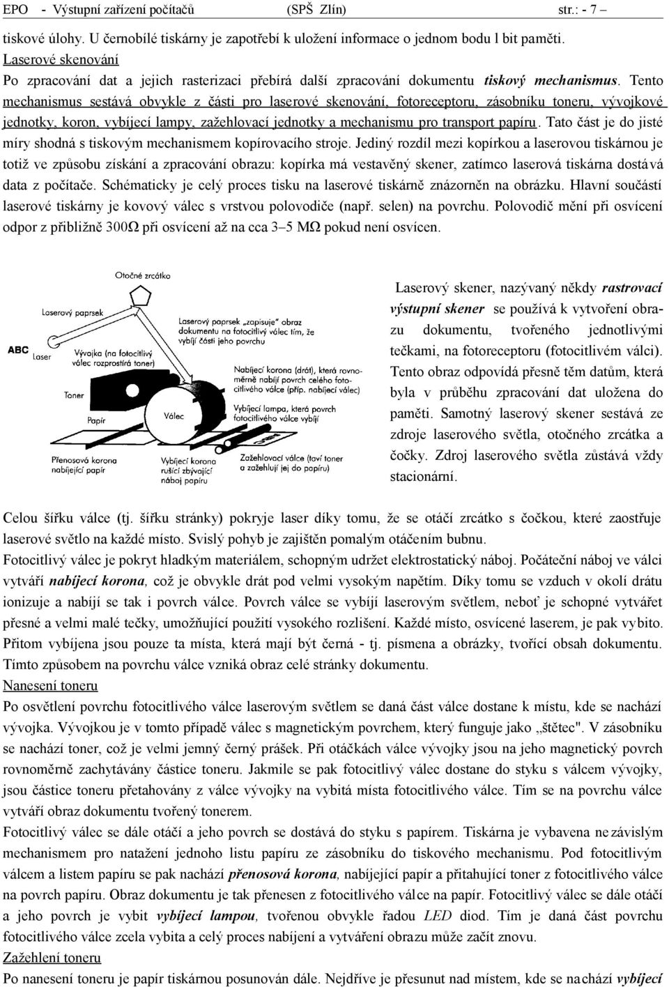 Tento mechanismus sestává obvykle z části pro lase rové skenování, fotoreceptoru, zásobníku toneru, vývojkové jednotky, koron, vybíjecí lampy, zažehlovací jednotky a mechanismu pro transport papíru.